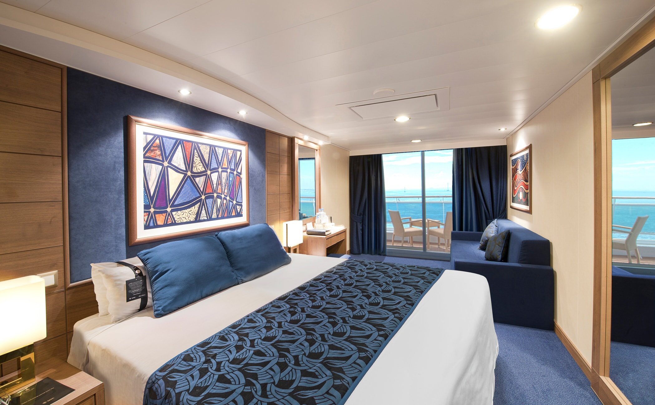 Balcony cabin on an MSC ship with the door open to the sea