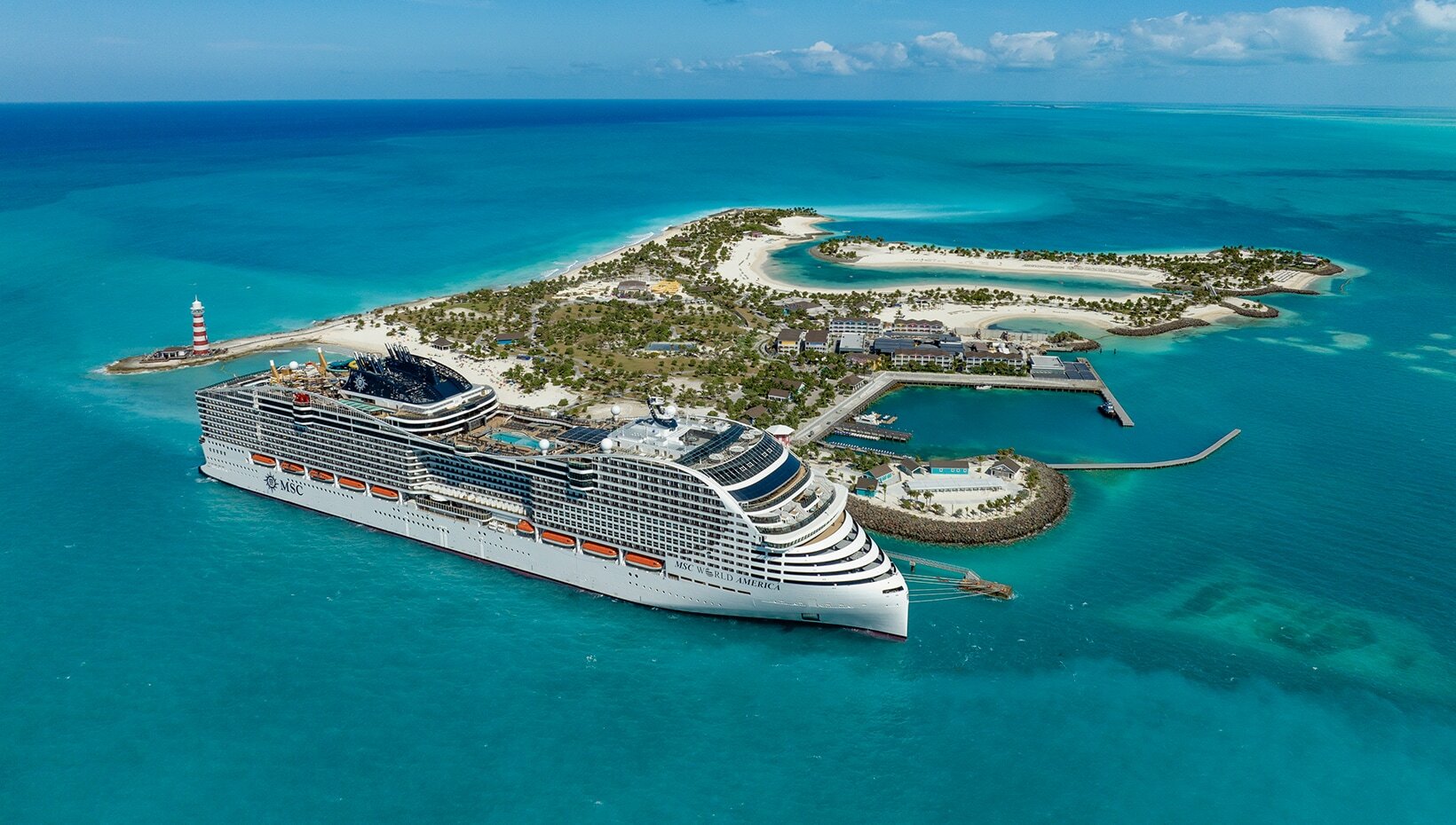 Aerial of Ocean Cay MSC Marine Reserve with an MSC ship alongside