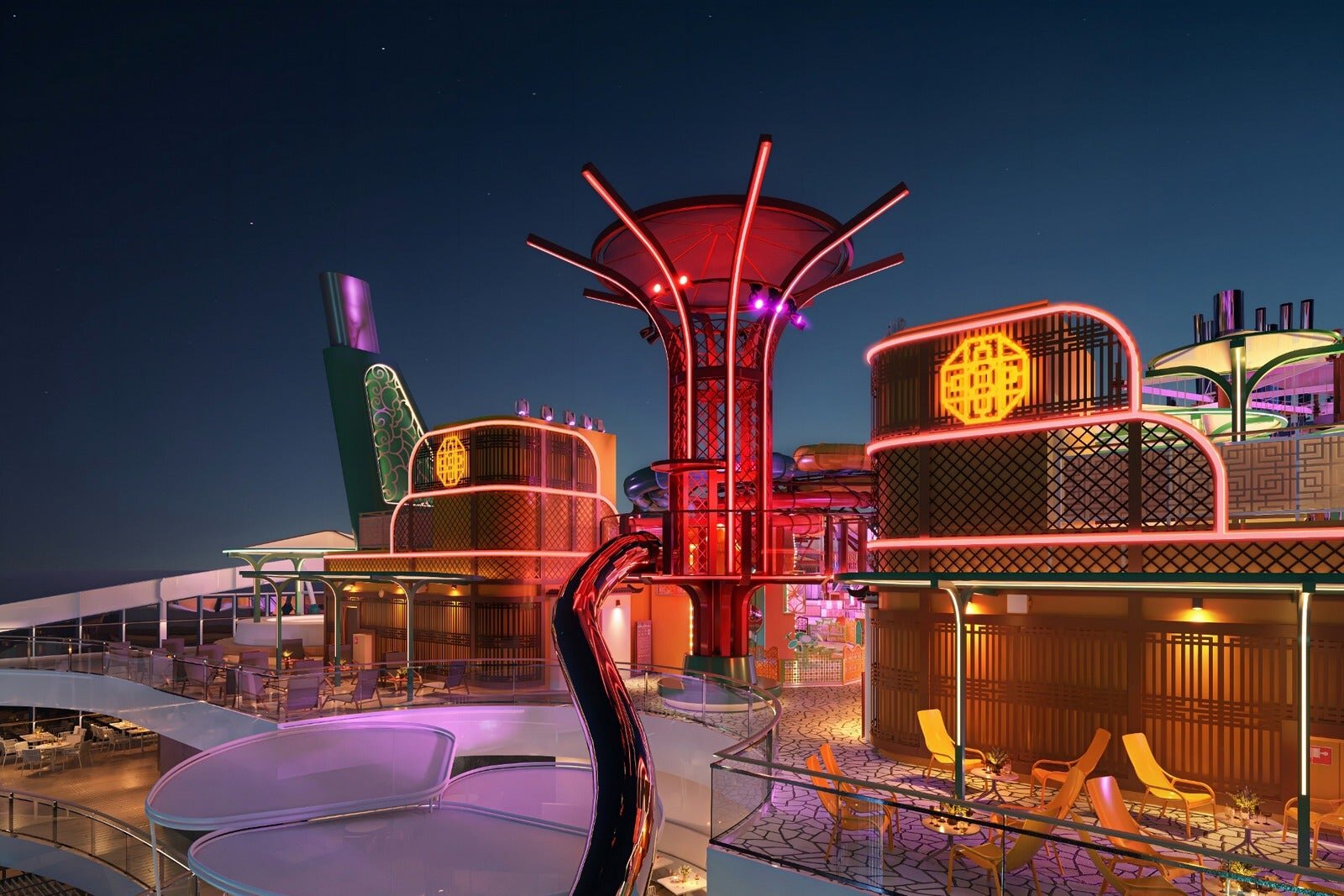 The Spiral at the Tree of Life, the longest dry slide at sea, on MSC World Asia